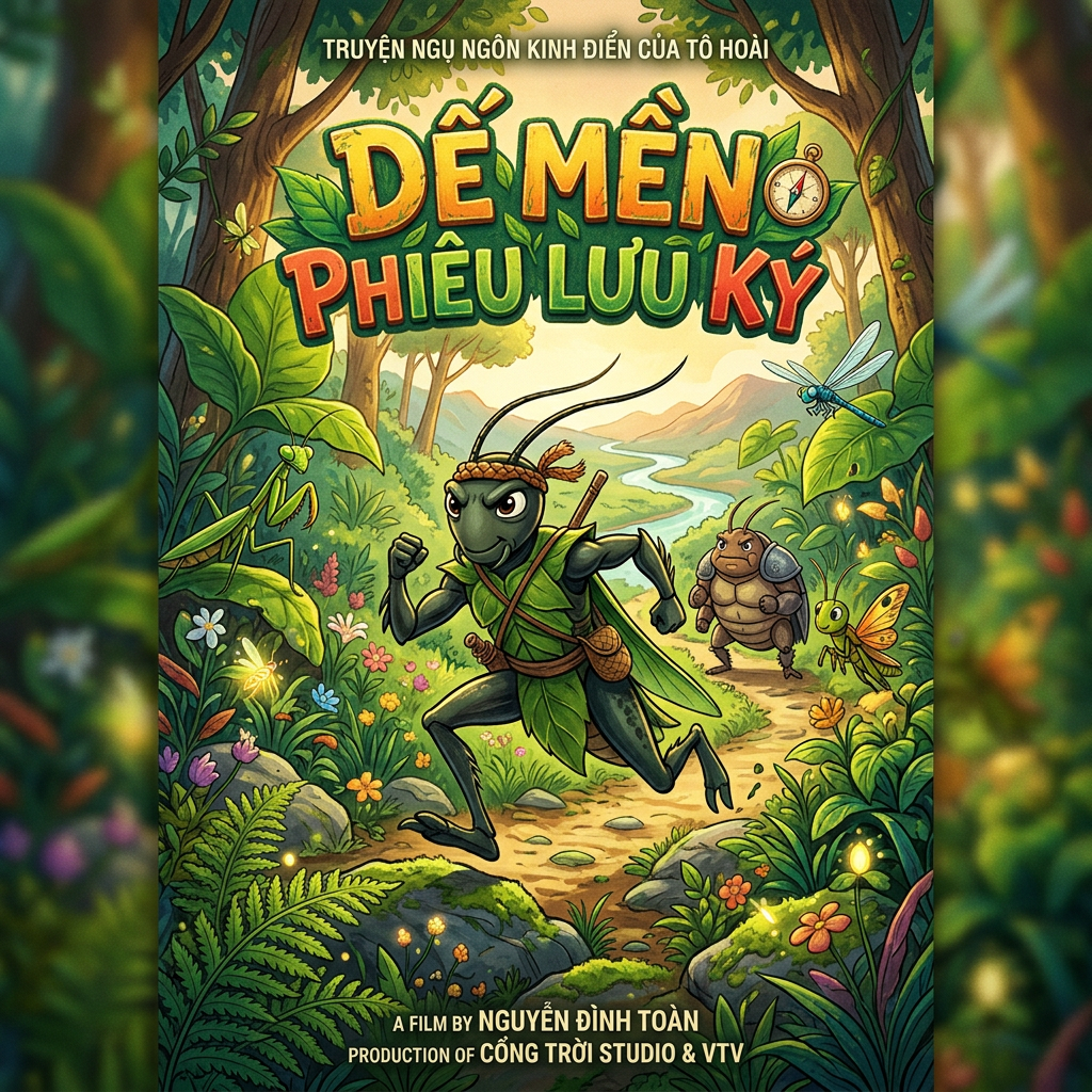Animated grasshopper running on a forest trail with insect companions in a vibrant jungle setting